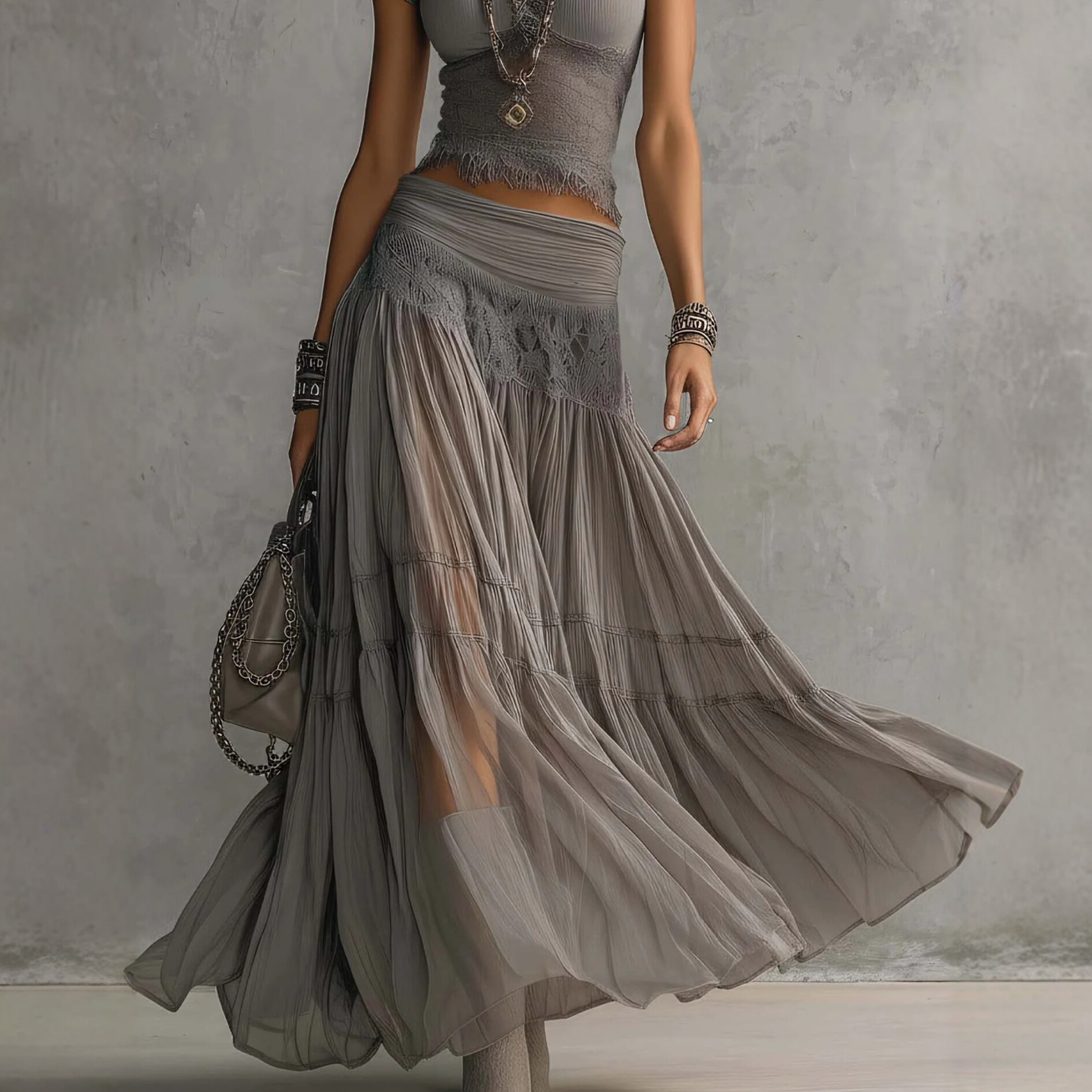2026 Gray Knitted Top + Chiffo - đánh giá và giá Summer Clothing Fabric
